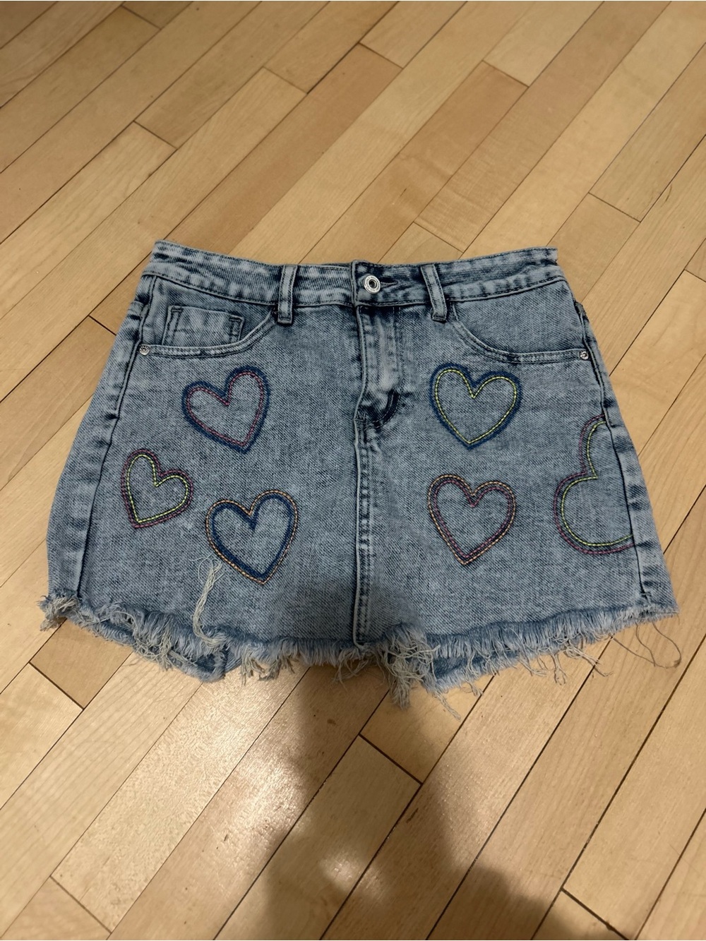 Denim Mini Skort with Embroidered Hearts - Light Blue